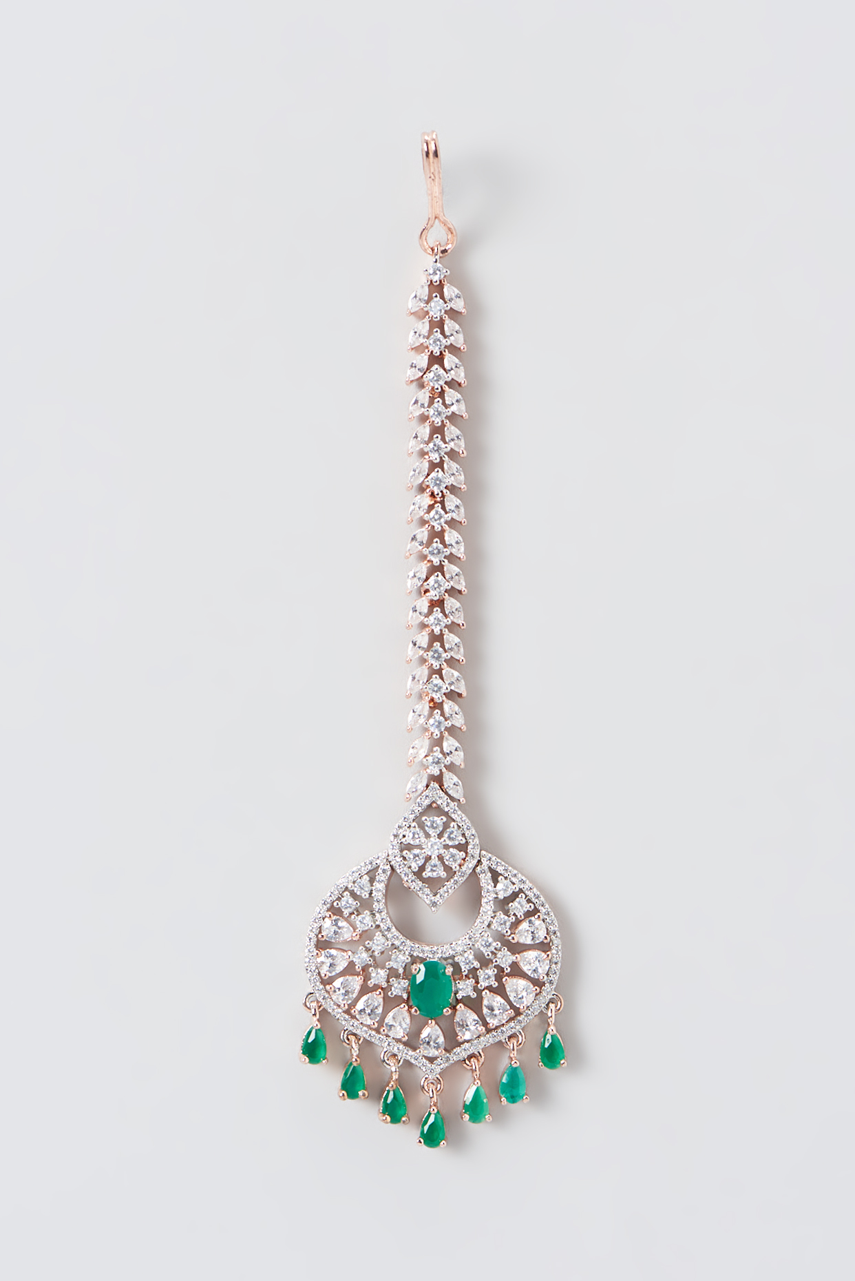 Rose Gold Finish Faux Diamond & Green Stone Maang Tikka by Aster