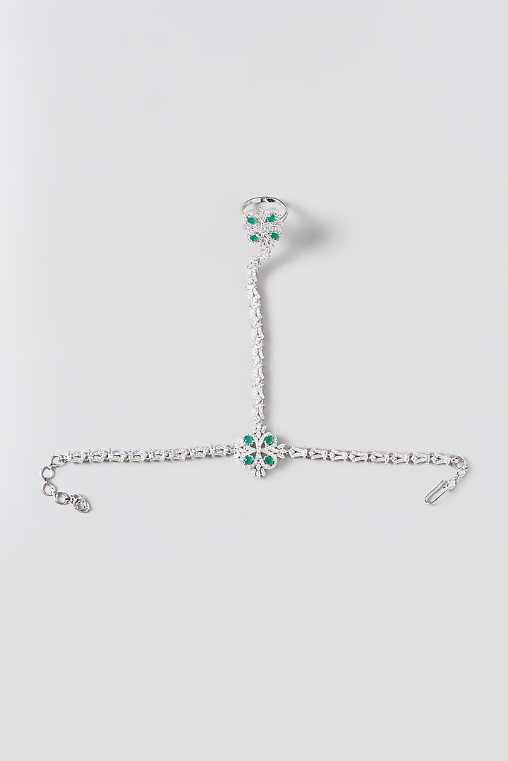 White Finish Faux Diamond & Green Stone Hand Harness by Aster at Pernia's Pop Up Shop