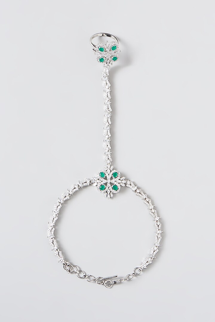 White Finish Faux Diamond & Green Stone Hand Harness by Aster at Pernia's Pop Up Shop