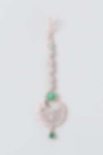 Rose Gold Finish Faux Diamond & Green Stone Maang Tikka by Aster