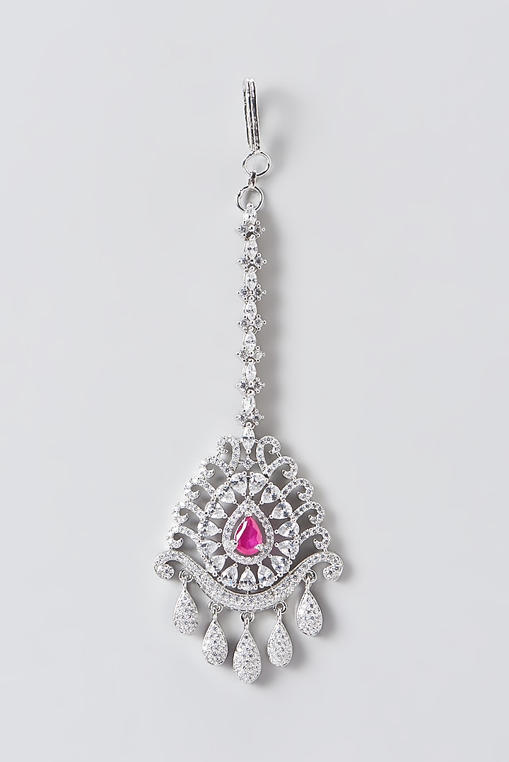 White Finish Faux Diamond & Red Stone Maang Tikka by Aster at Pernia's Pop Up Shop