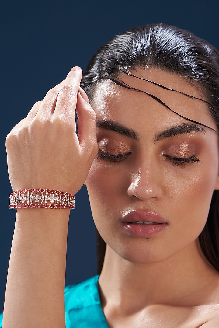 Rose Gold Finish Zircon & Red Synthetic Stone Bracelet by Aster at Pernia's Pop Up Shop