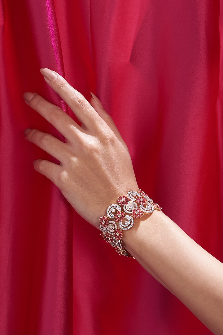 Rose Gold Finish Zircon & Red Synthetic Stone Bracelet by Aster at Pernia's Pop Up Shop