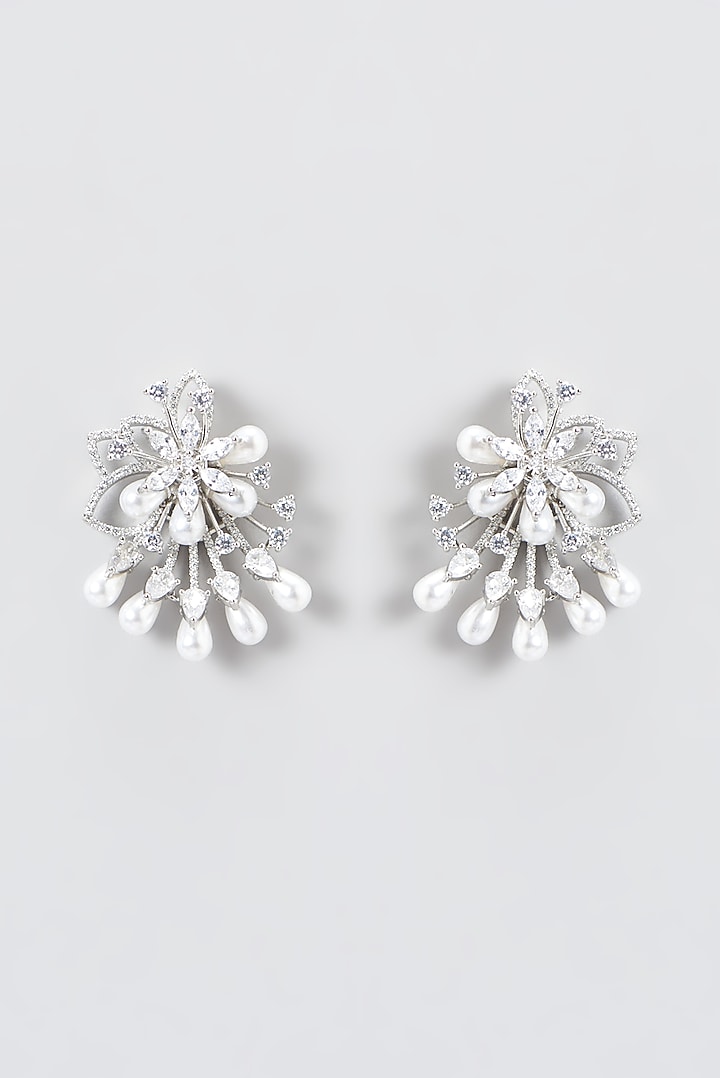 White Finish Zircon & Pearl Stud Earrings by Aster at Pernia's Pop Up Shop