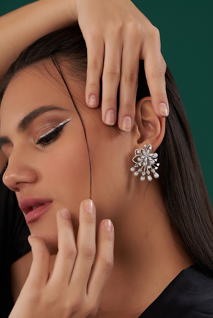 White Finish Zircon & Pearl Stud Earrings by Aster at Pernia's Pop Up Shop