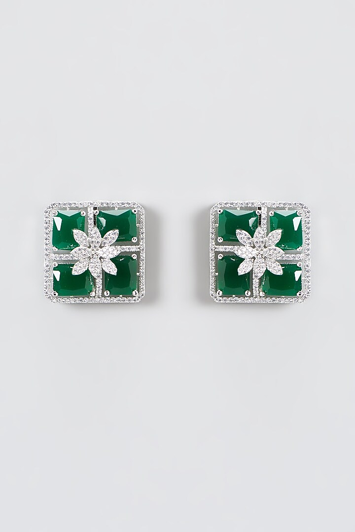 White Finish Zircon & Green Stone Stud Earrings by Aster at Pernia's Pop Up Shop