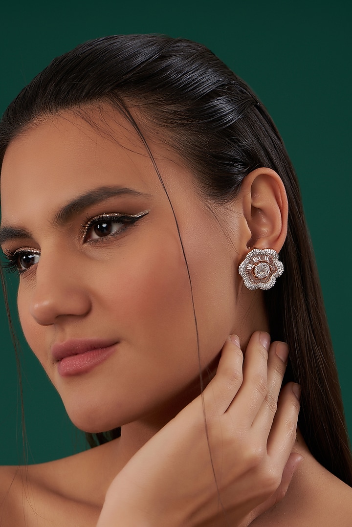 Rose Gold Finish Zircon Stud Earrings by Aster at Pernia's Pop Up Shop