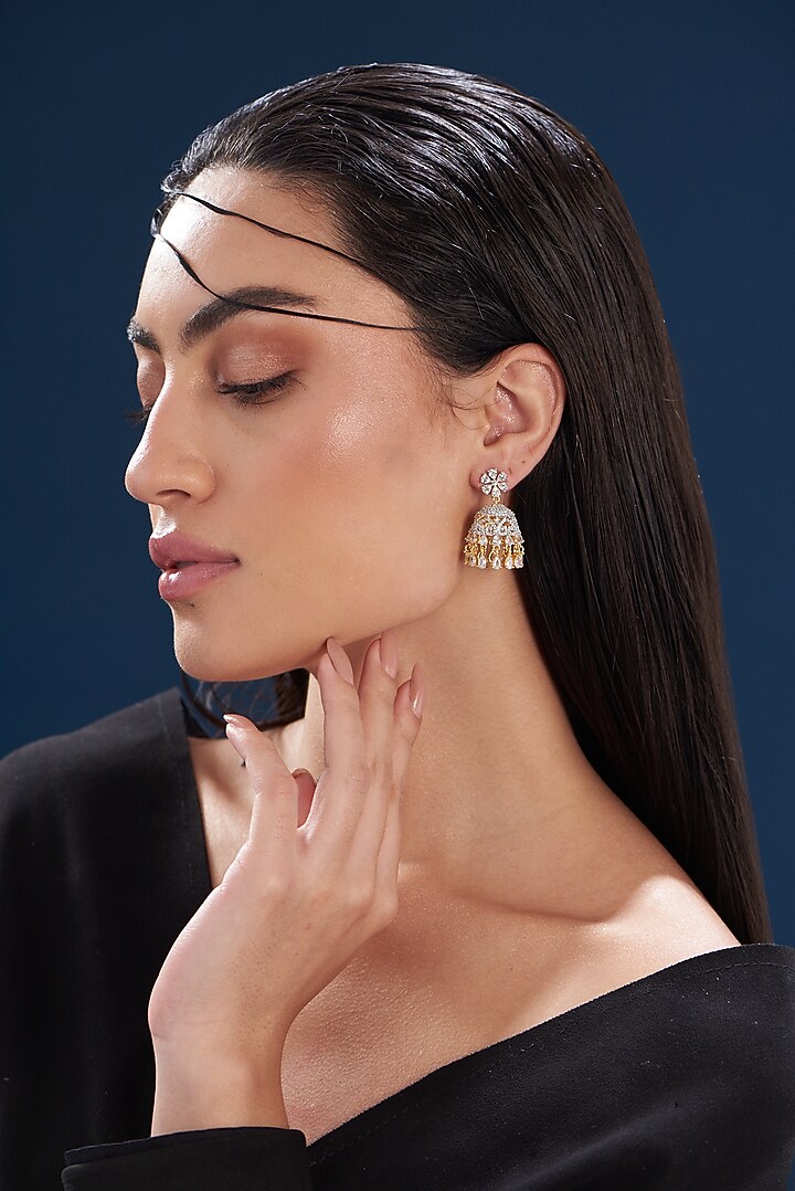 Gold Finish Zircon Jhumka Earrings by Aster at Pernia's Pop Up Shop