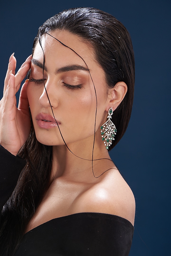 White Finish Zircon & Green Stone Dangler Earrings by Aster at Pernia's Pop Up Shop