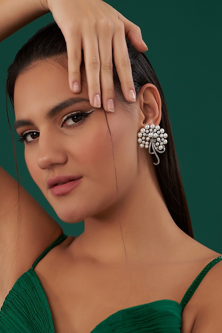 White Finish Zircon Stud Earrings by Aster at Pernia's Pop Up Shop