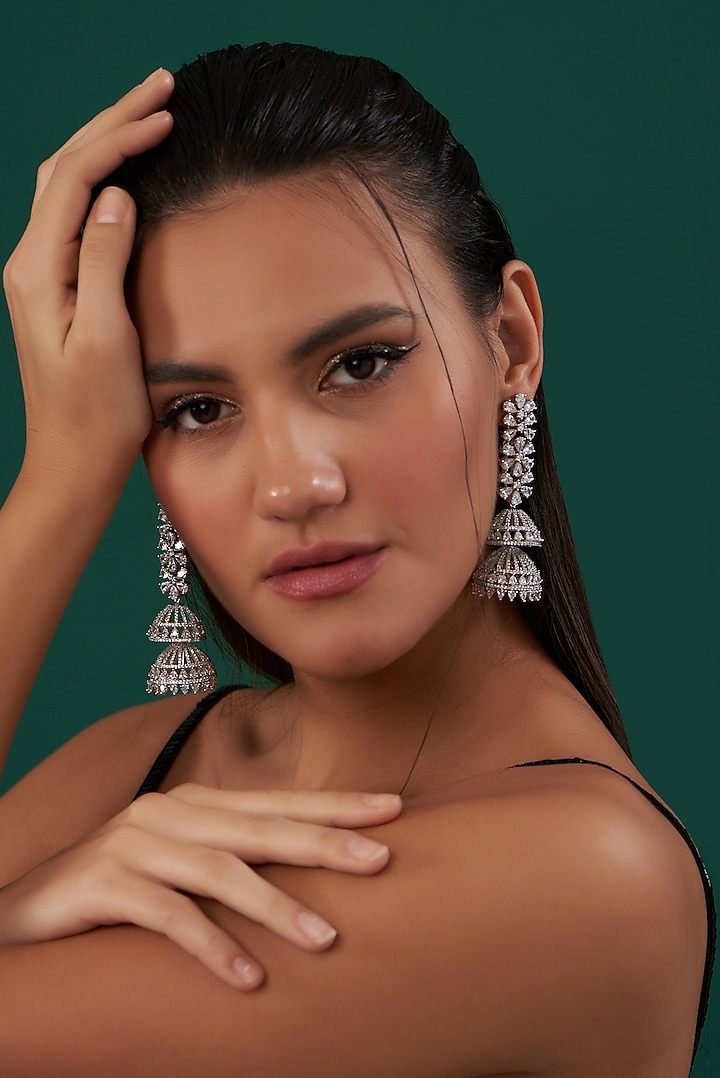 White Finish Zircon Jhumka Earrings by Aster at Pernia's Pop Up Shop