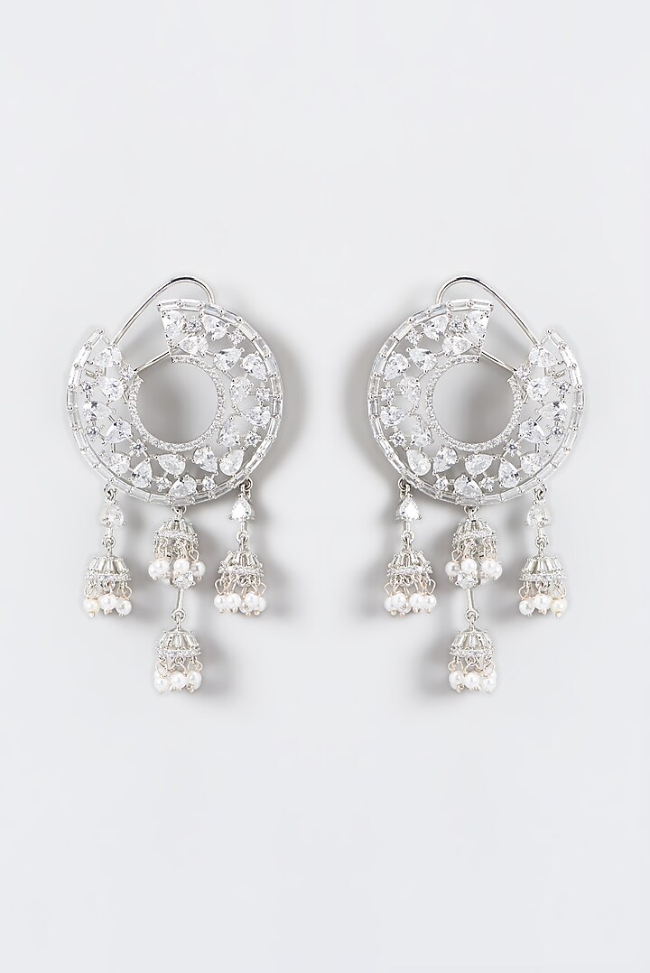 White Finish Zircon & Pearl Dangler Earrings by Aster at Pernia's Pop Up Shop