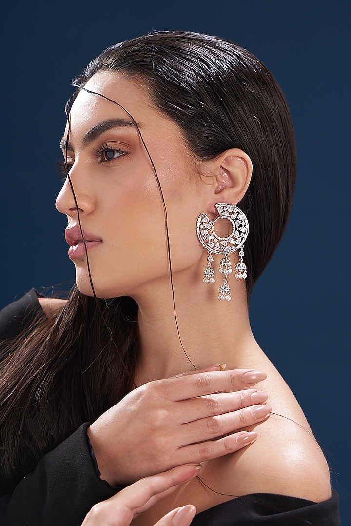 White Finish Zircon & Pearl Dangler Earrings by Aster at Pernia's Pop Up Shop