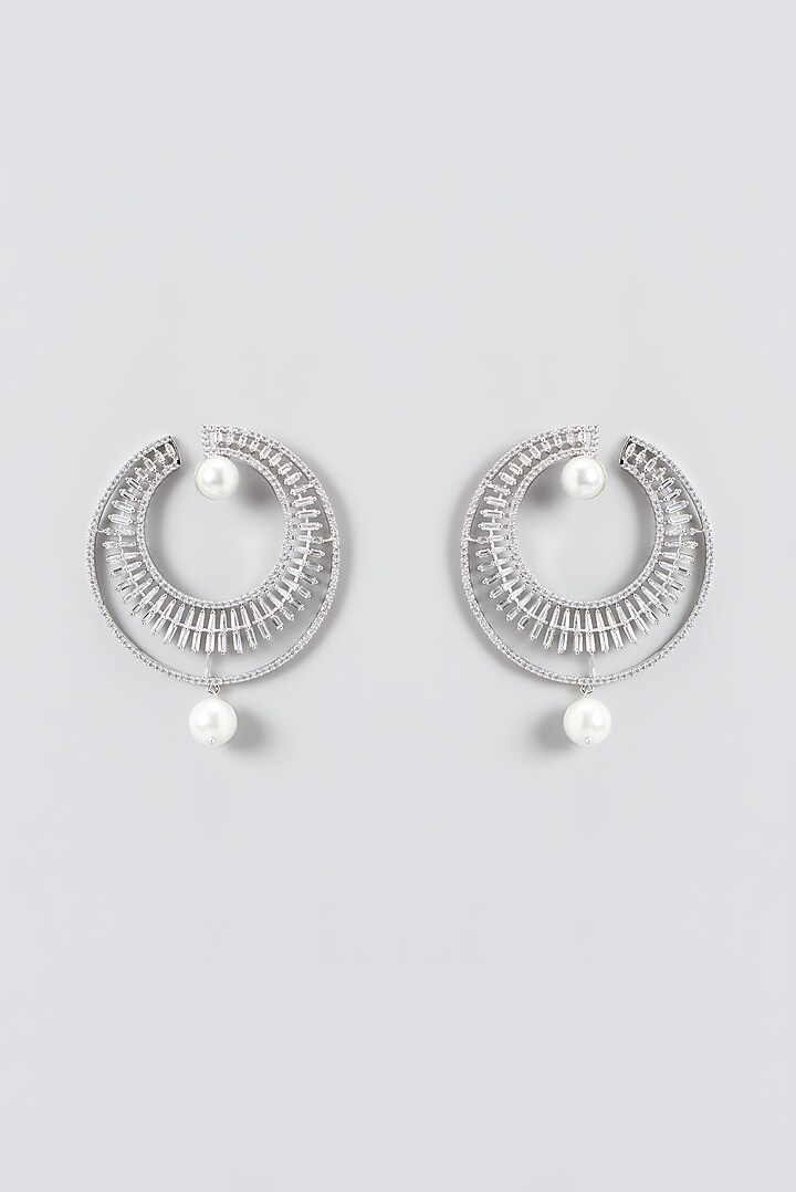 White Finish Zircon & Pearl Dangler Earrings by Aster at Pernia's Pop Up Shop