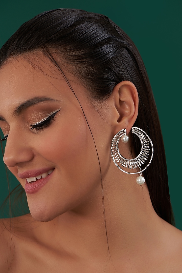 White Finish Zircon & Pearl Dangler Earrings by Aster at Pernia's Pop Up Shop