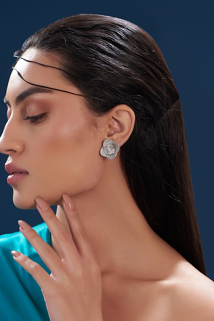 White Finish Zircon Stud Earrings by Aster at Pernia's Pop Up Shop