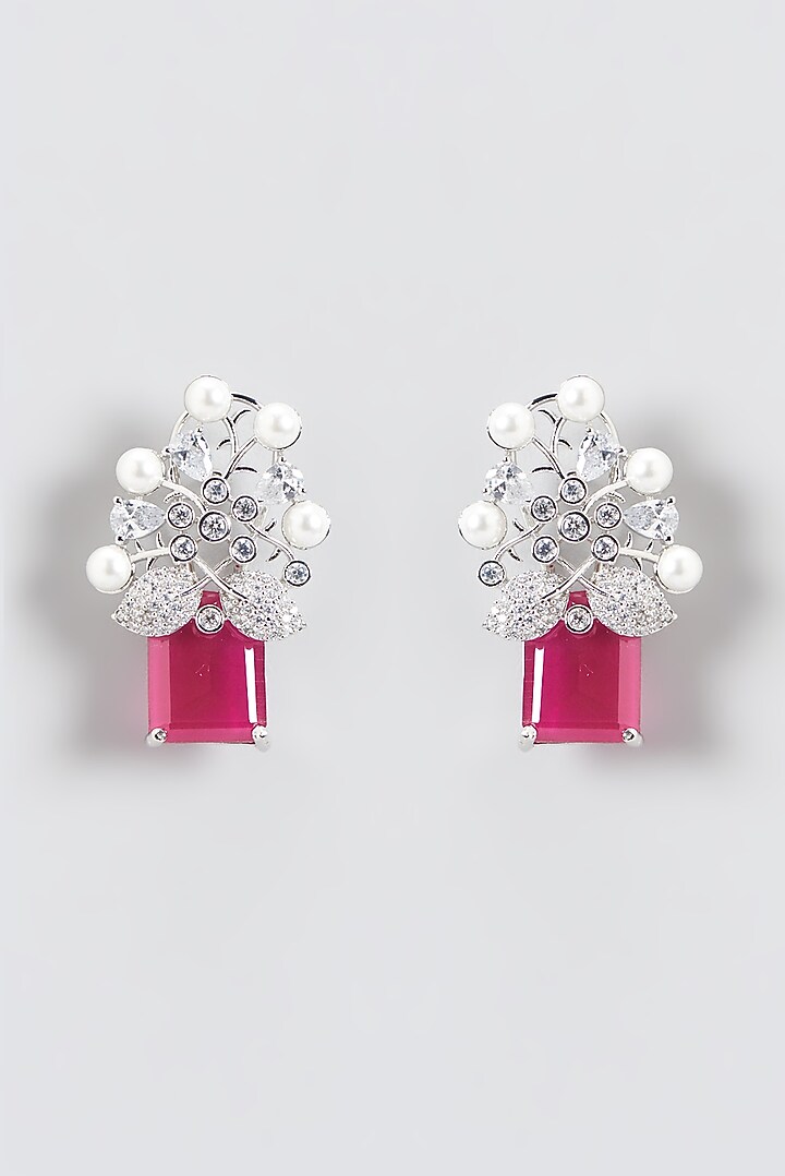 White Finish Red Stone & Zircon Dangler Earrings by Aster at Pernia's Pop Up Shop
