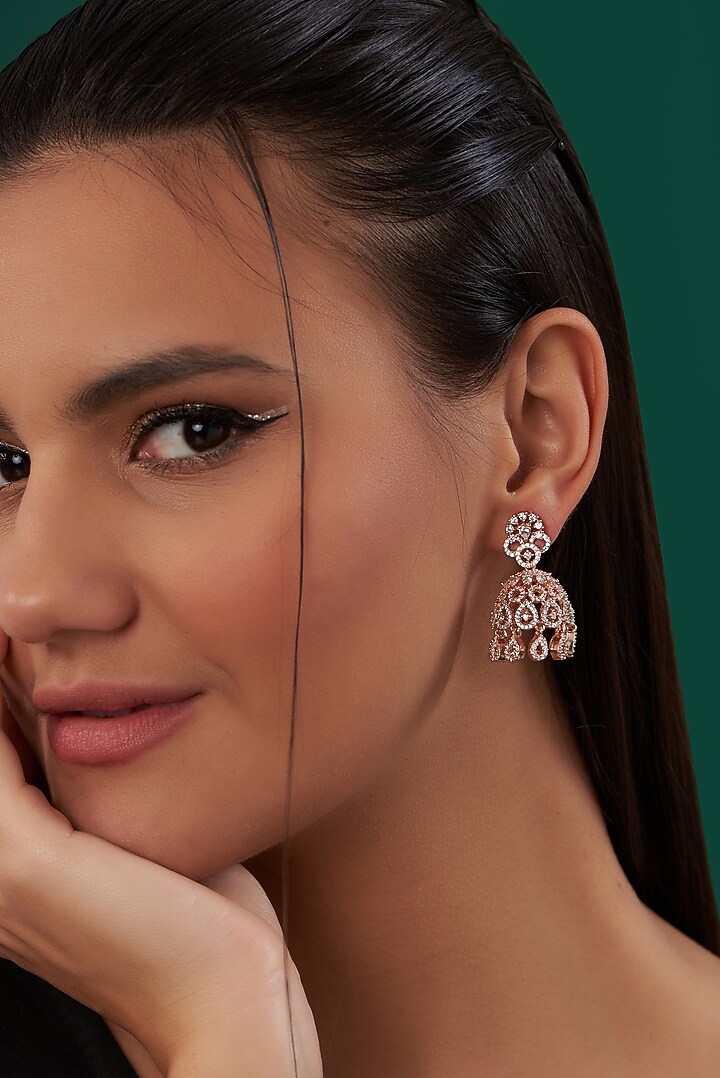 Rose Gold Finish Zircon Jhumka Earrings by Aster at Pernia's Pop Up Shop