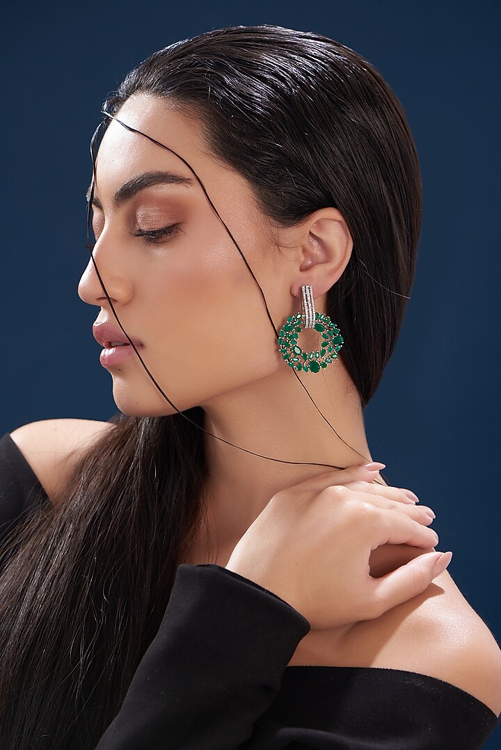 White Finish Green Stone & Zircon Dangler Earrings by Aster at Pernia's Pop Up Shop