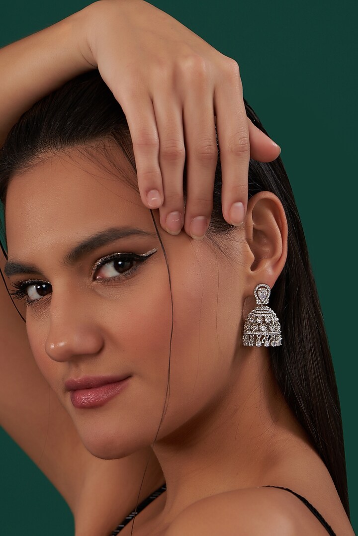 White Finish Zircon Jhumka Earrings by Aster at Pernia's Pop Up Shop