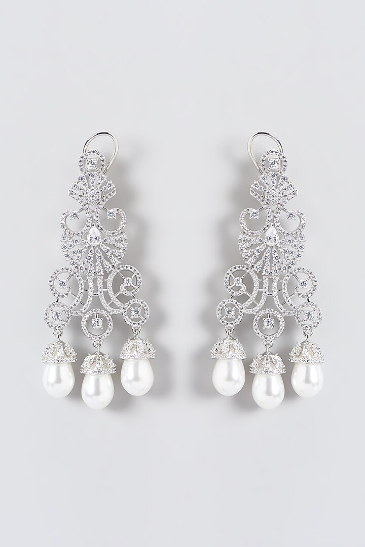 White Finish Zircon & Pearl Dangler Earrings by Aster at Pernia's Pop Up Shop