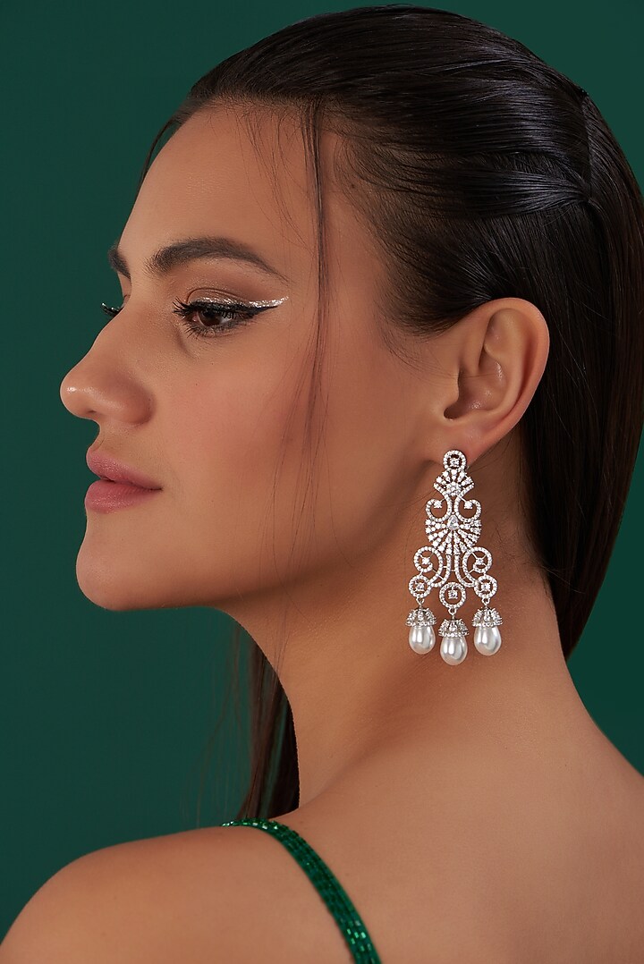 White Finish Zircon & Pearl Dangler Earrings by Aster at Pernia's Pop Up Shop