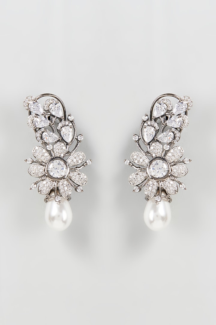 White Finish Zircon & Pearl Dangler Earrings by Aster at Pernia's Pop Up Shop
