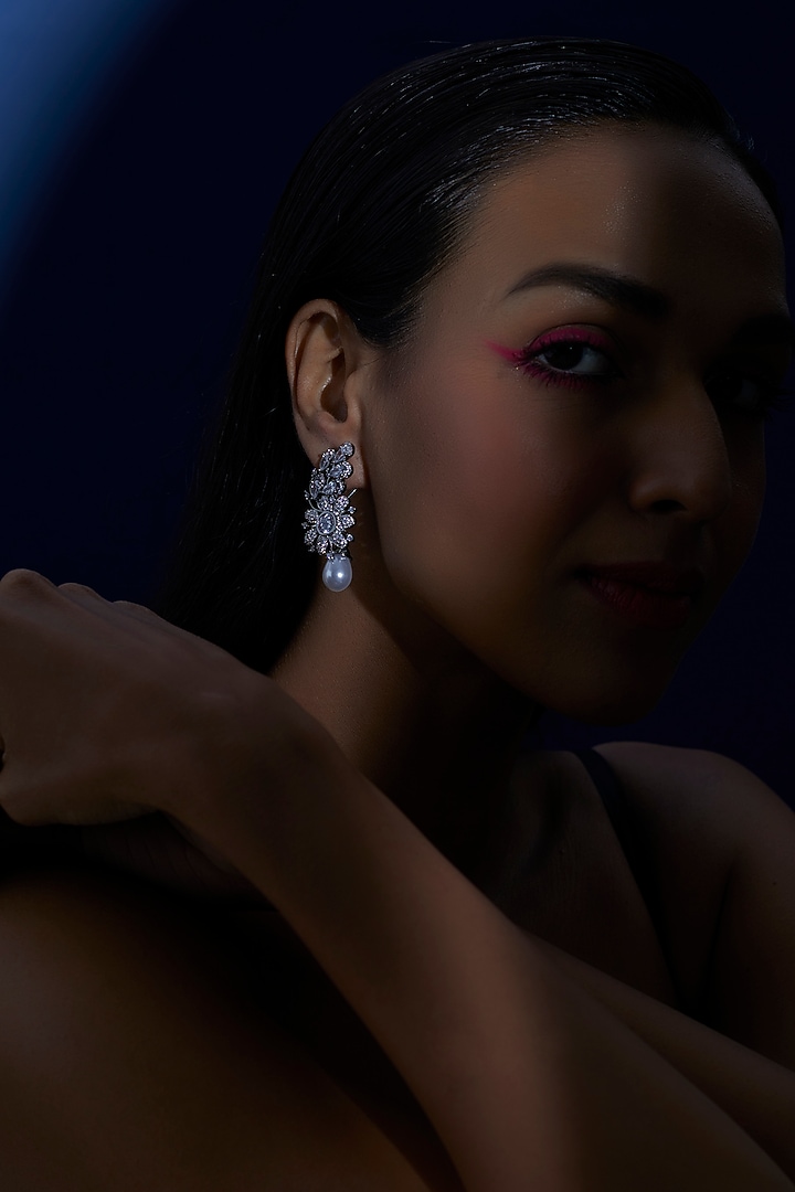 White Finish Zircon & Pearl Dangler Earrings by Aster at Pernia's Pop Up Shop