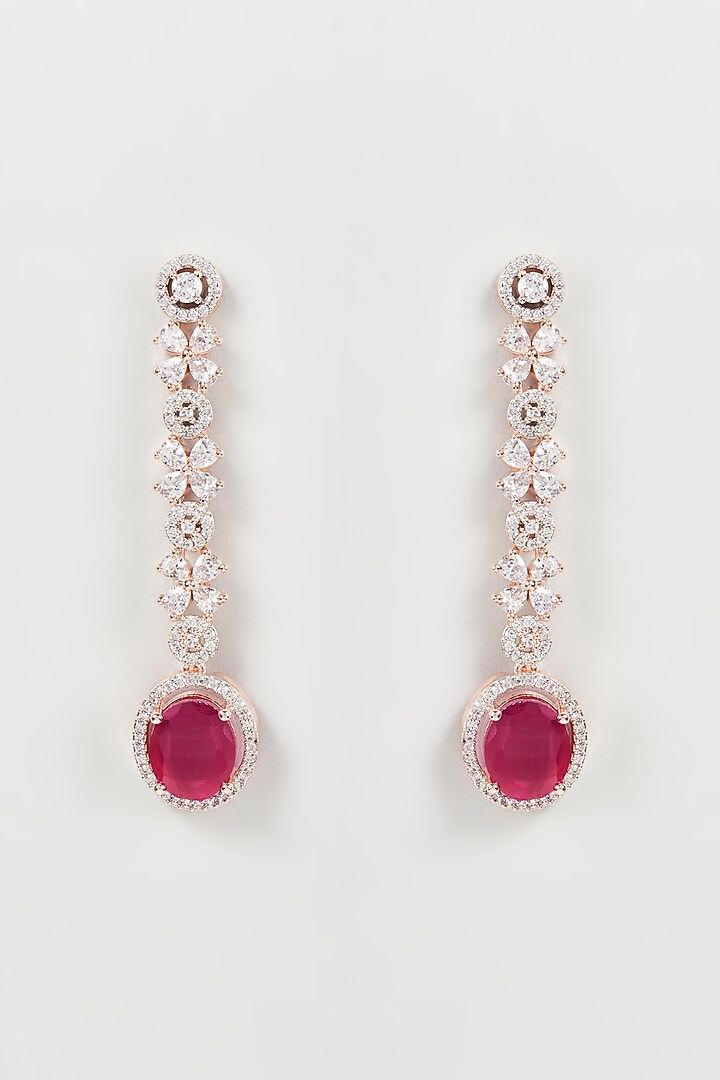 Rose Gold Finish Zircon & Red Stone Dangler Earrings by Aster at Pernia's Pop Up Shop