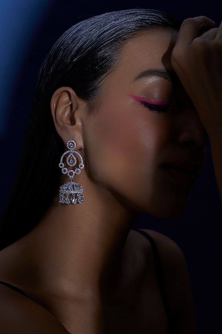 White Finish Zircon Jhumka Earrings by Aster at Pernia's Pop Up Shop