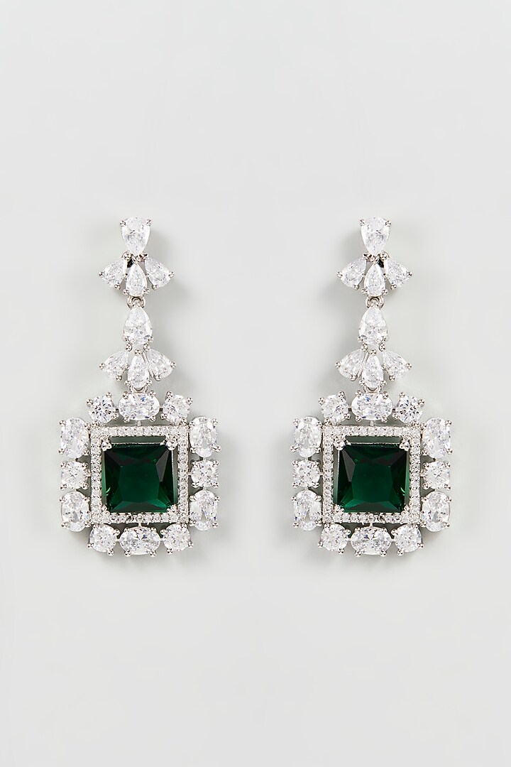 White Finish Zircon & Green Synthetic Stone Dangler Earrings by Aster at Pernia's Pop Up Shop