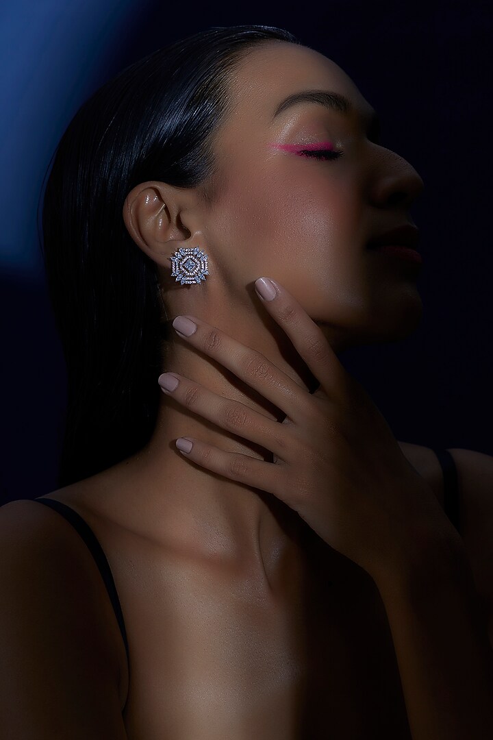 White Finish Zircon Stud Earrings by Aster at Pernia's Pop Up Shop