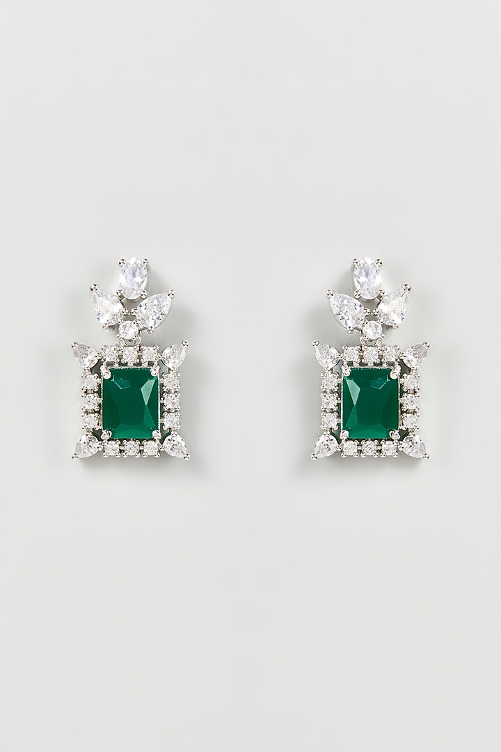 White Finish Zircon & Green Synthetic Stone Dangler Earrings by Aster at Pernia's Pop Up Shop