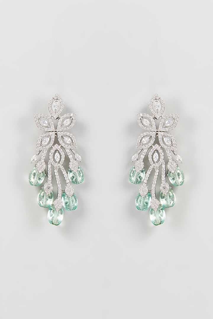 White Finish Zircon & Aqua Green Stone Dangler Earrings by Aster at Pernia's Pop Up Shop