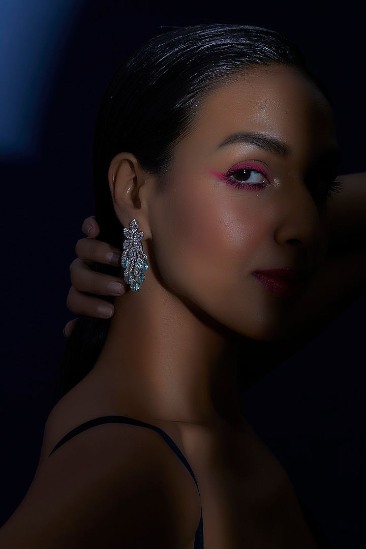 White Finish Zircon & Aqua Green Stone Dangler Earrings by Aster at Pernia's Pop Up Shop