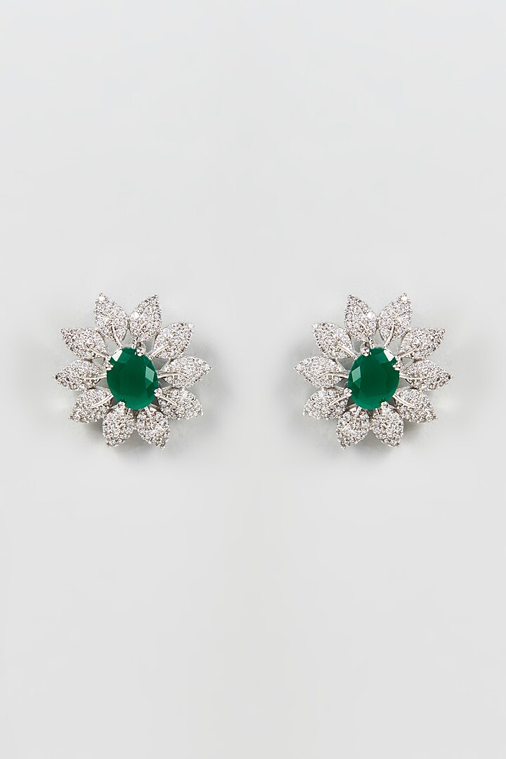 White Finish Zircon & Green Synthetic Stone Stud Earrings by Aster at Pernia's Pop Up Shop
