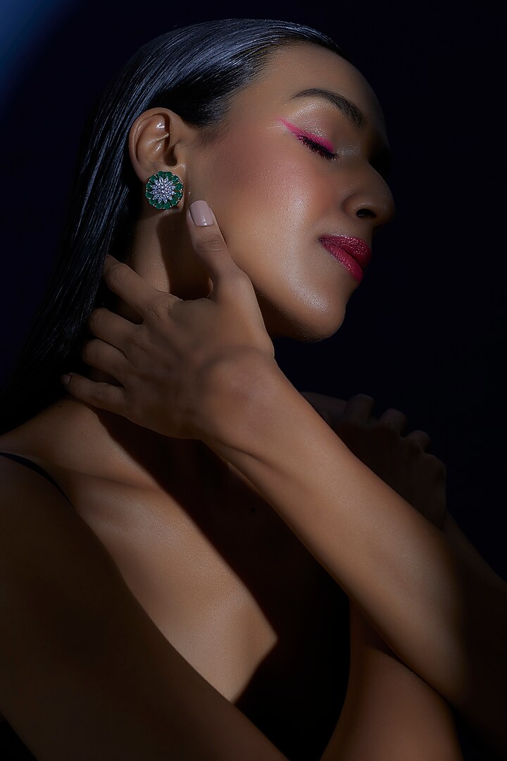 White Finish Zircon & Green Synthetic Stone Stud Earrings by Aster at Pernia's Pop Up Shop