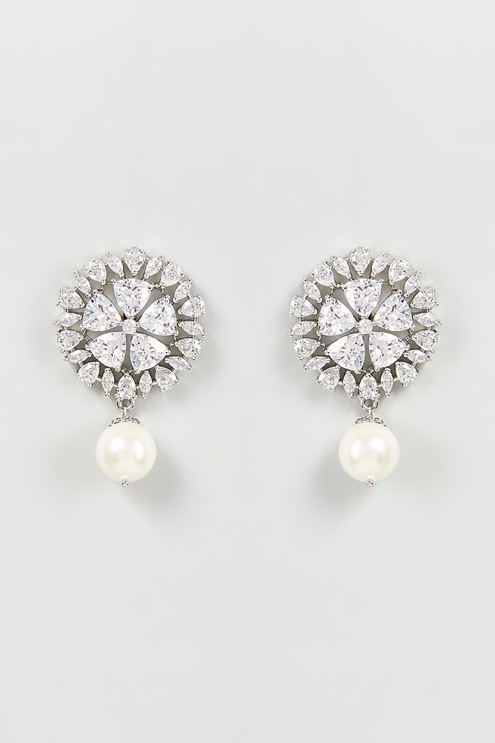 White Finish Zircon & Pearl Dangler Earrings by Aster at Pernia's Pop Up Shop