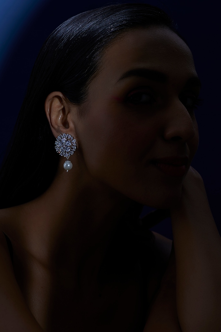 White Finish Zircon & Pearl Dangler Earrings by Aster at Pernia's Pop Up Shop