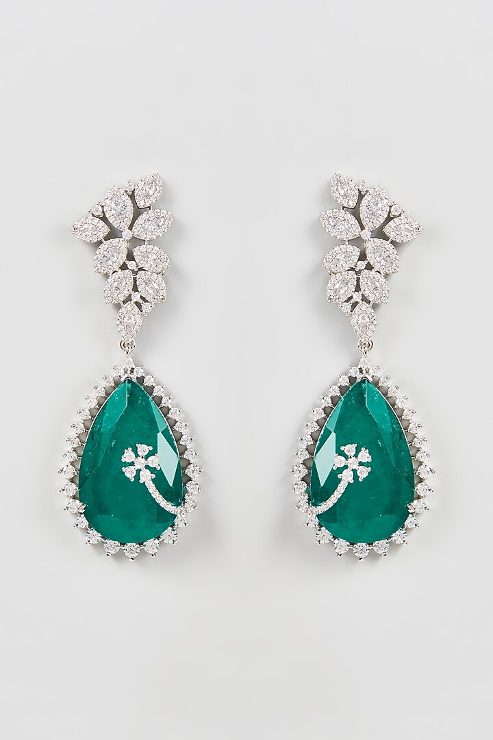 White Finish Zircon & Green Synthetic Stone Dangler Earrings by Aster at Pernia's Pop Up Shop