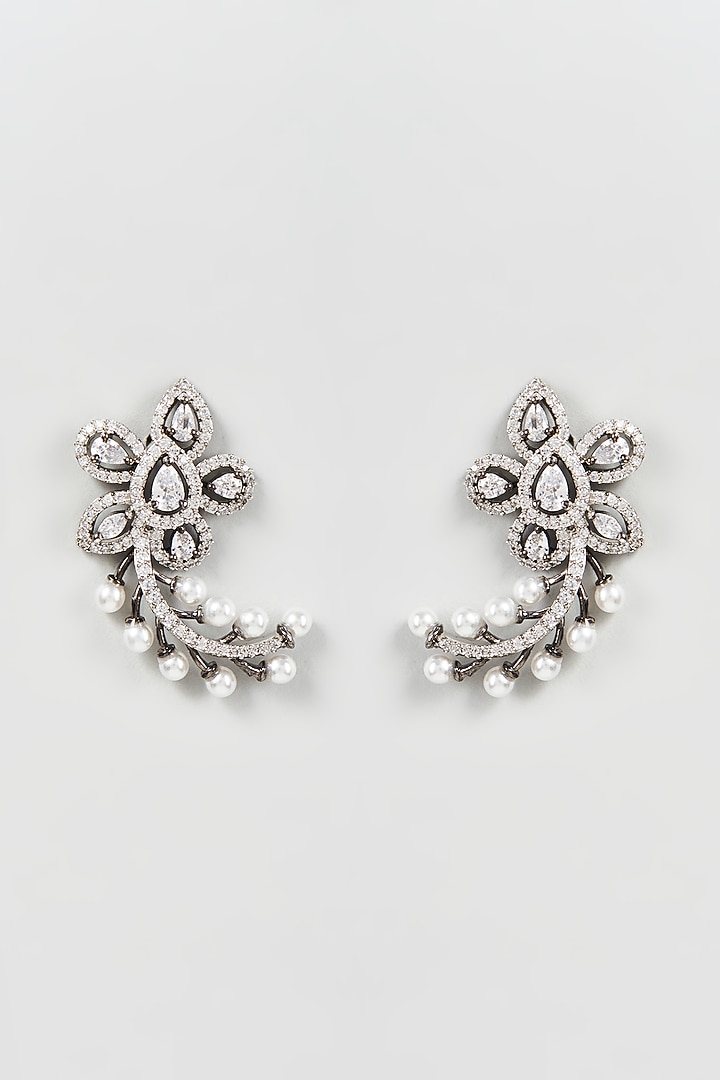 White Finish Zircon & Pearl Dangler Earrings by Aster at Pernia's Pop Up Shop
