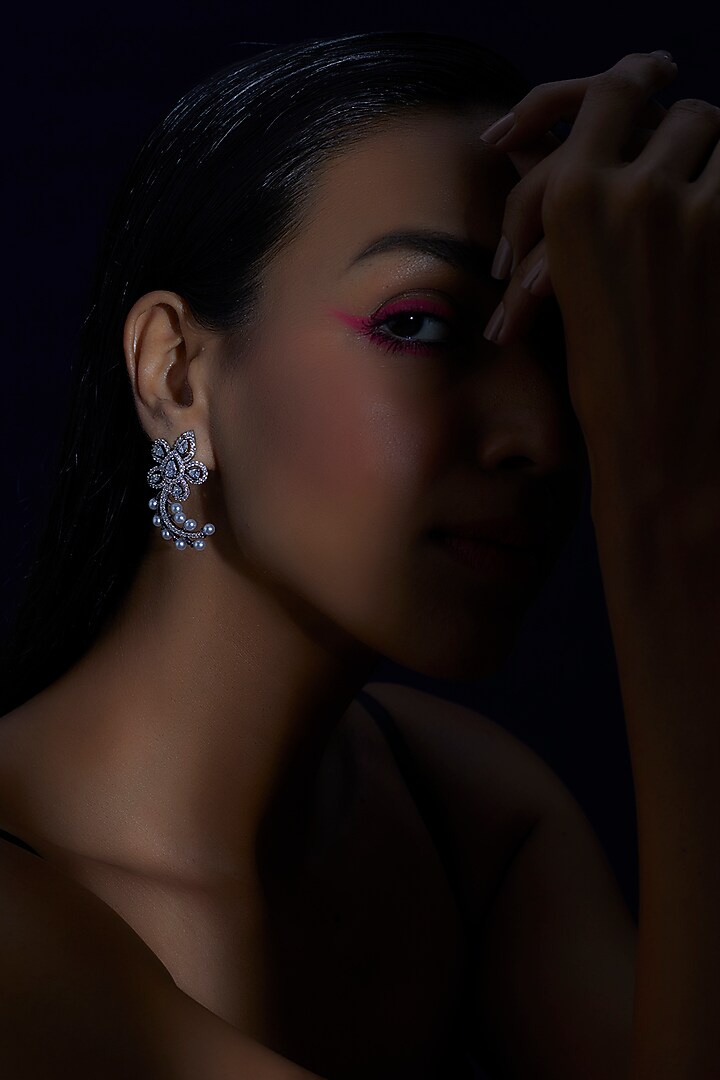 White Finish Zircon & Pearl Dangler Earrings by Aster at Pernia's Pop Up Shop