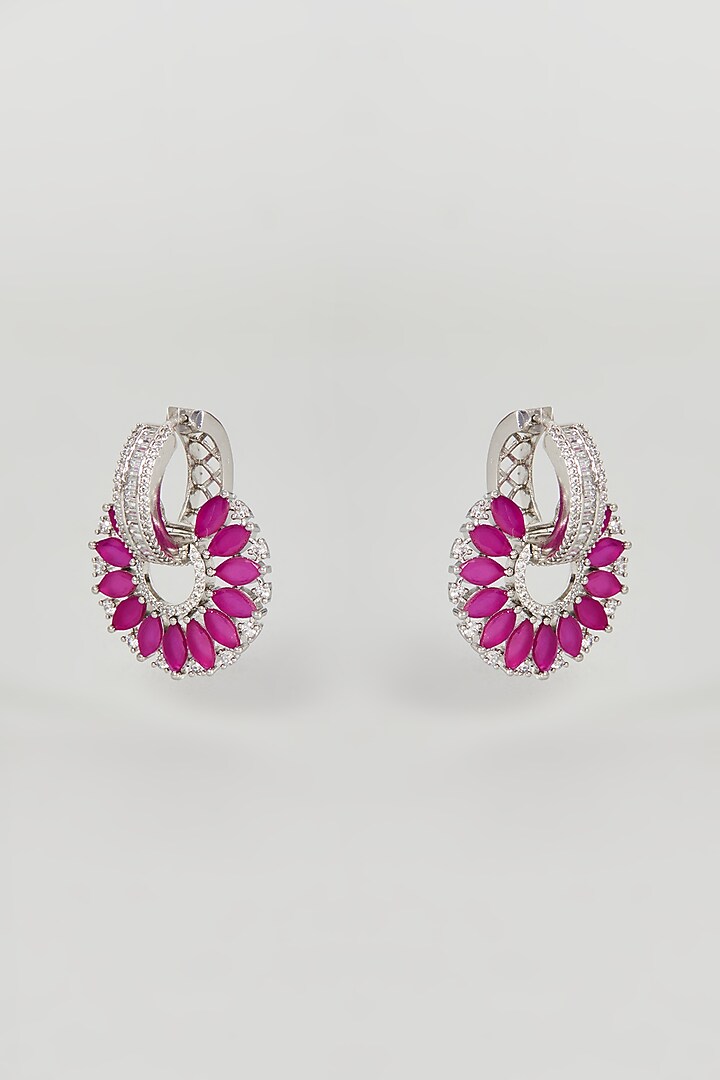 White Finish Zircon & Pink Synthetic Stone Dangler Earrings by Aster at Pernia's Pop Up Shop