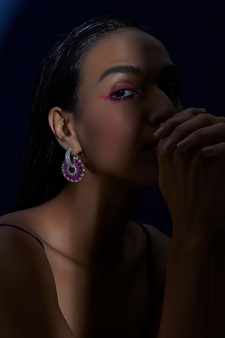 White Finish Zircon & Pink Synthetic Stone Dangler Earrings by Aster at Pernia's Pop Up Shop