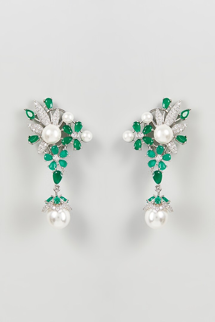 White Finish Zircon & Green Stone Dangler Earrings by Aster at Pernia's Pop Up Shop