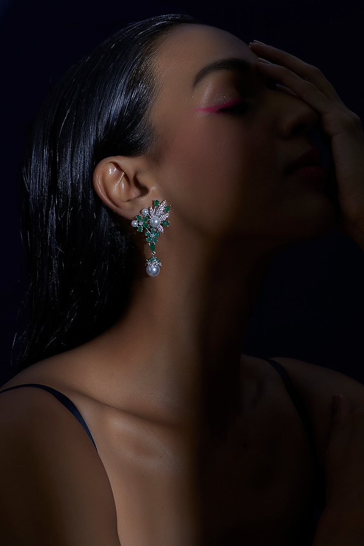 White Finish Zircon & Green Stone Dangler Earrings by Aster at Pernia's Pop Up Shop