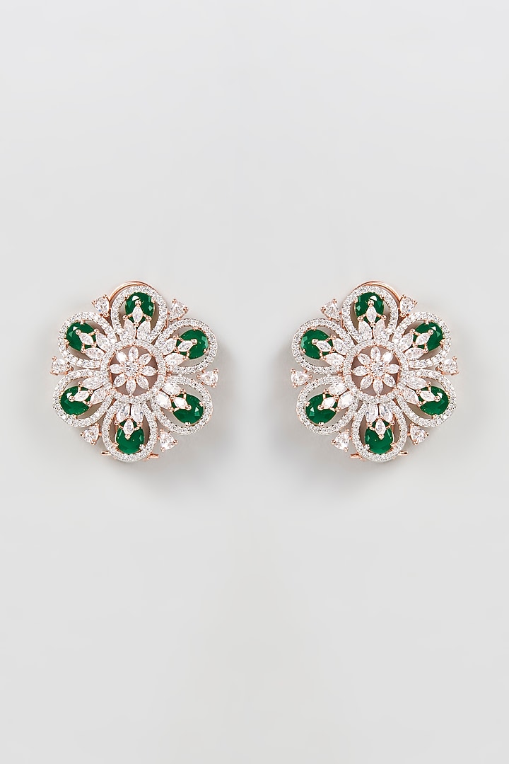 Rose Gold Finish Zircon & Green Synthetic Stone Stud Earrings by Aster at Pernia's Pop Up Shop