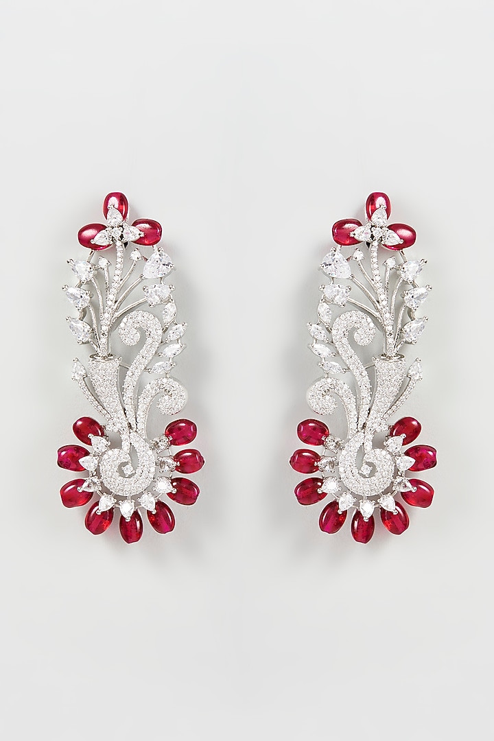 White Finish Zircon & Red Synthetic Stone Dangler Earrings by Aster at Pernia's Pop Up Shop