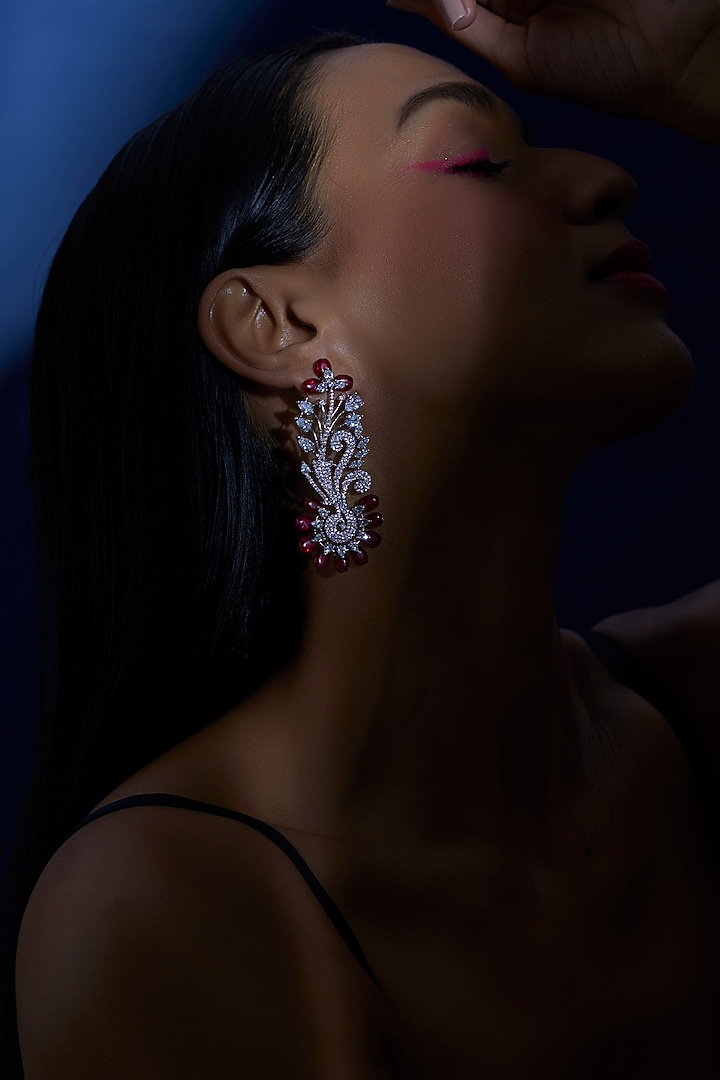 White Finish Zircon & Red Synthetic Stone Dangler Earrings by Aster at Pernia's Pop Up Shop