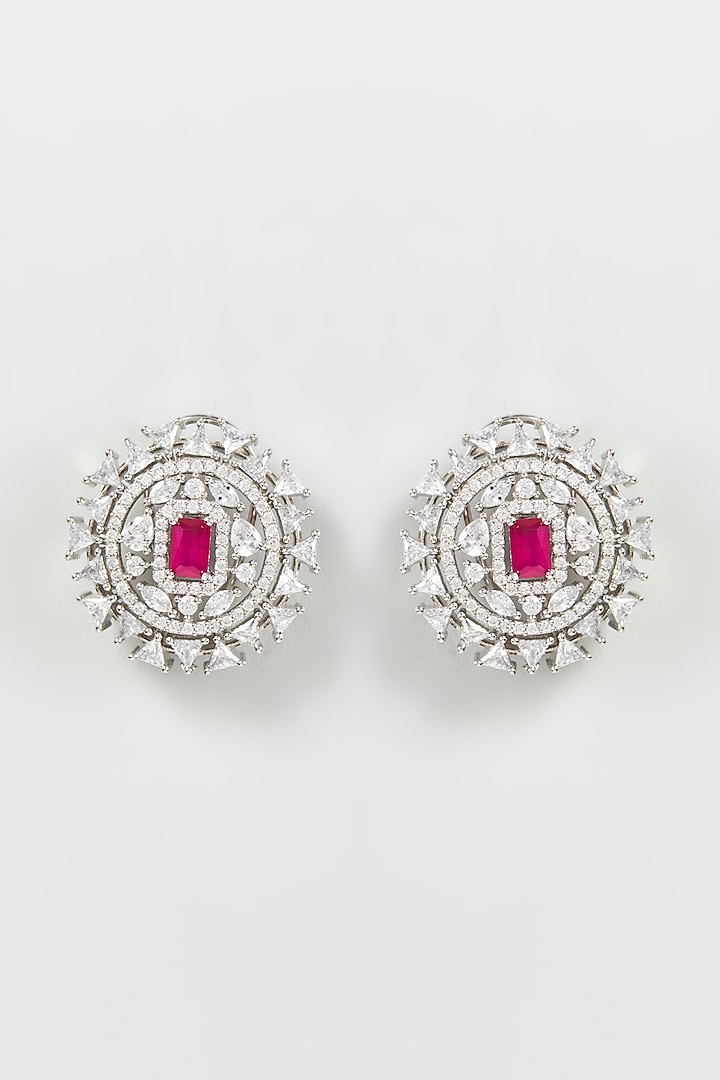 White Finish Zircon & Red Synthetic Stone Stud Earrings by Aster at Pernia's Pop Up Shop